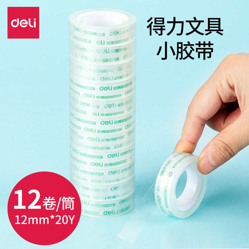 Deli 30014 High Transparency and Easy Tear Student Stationery Tape 1.2cm * 20Y Transparent Small Tape Tape 12 rolls/tube