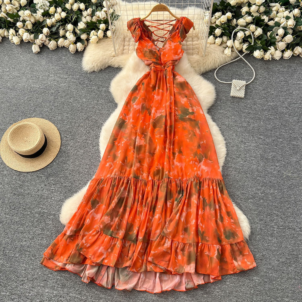 Frenchretrov neck small flying sleeves printingdress women's fashionbackless waist elegantlongruffles skirt