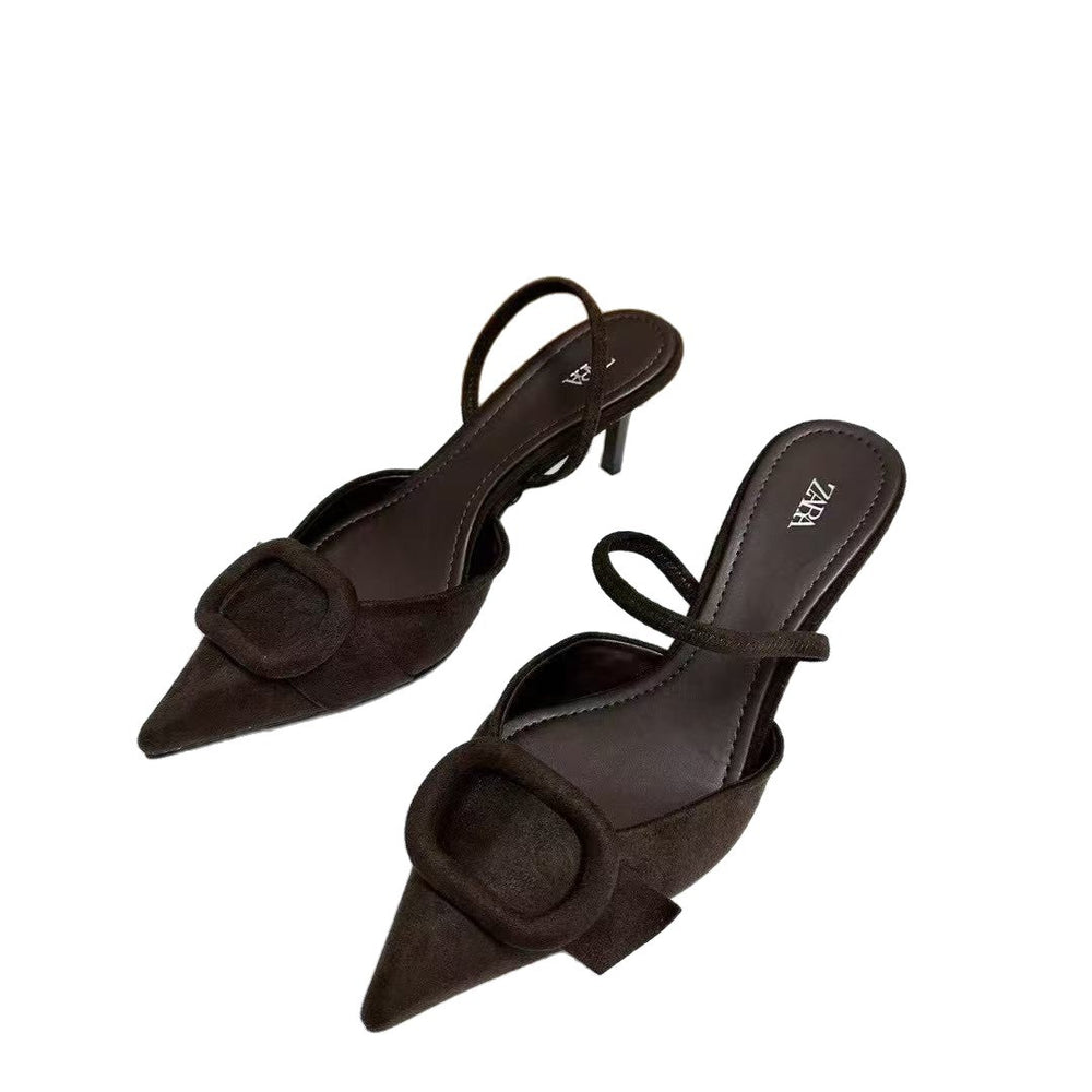 Za women's shoes 2025 new pointed toe high heel sandals women's suede square buckle flats back open outwear toe shoes