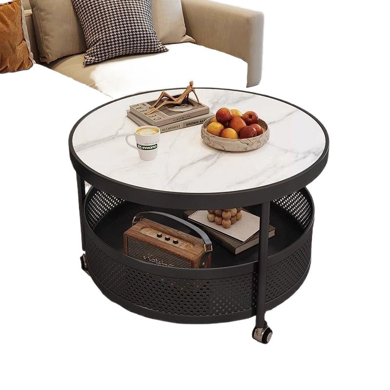 Cream style double-layer coffee table slate coffee table accessible luxury living room small apartment for home wheeled movable round table coffee table