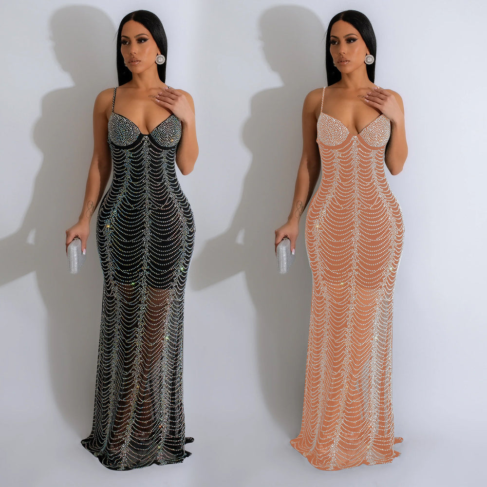 C6841 cross-border   fashion women's solid color mesh rhinestone camisole maxi dress