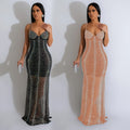 C6841 cross-border   fashion women's solid color mesh rhinestone camisole maxi dress