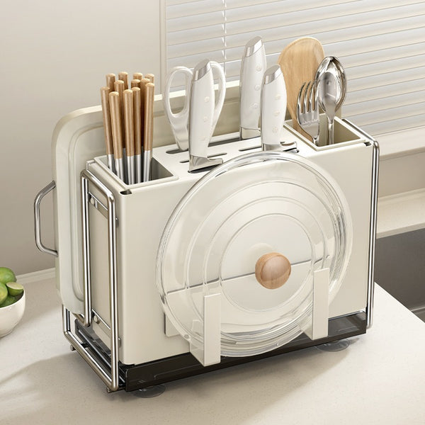 Cream Wind Kitchen Knife Holder Chopsticks Cage Holder Flat Cutting Board Knife Chopsticks Storage Rack Household Multifunctional Integrated Shelf