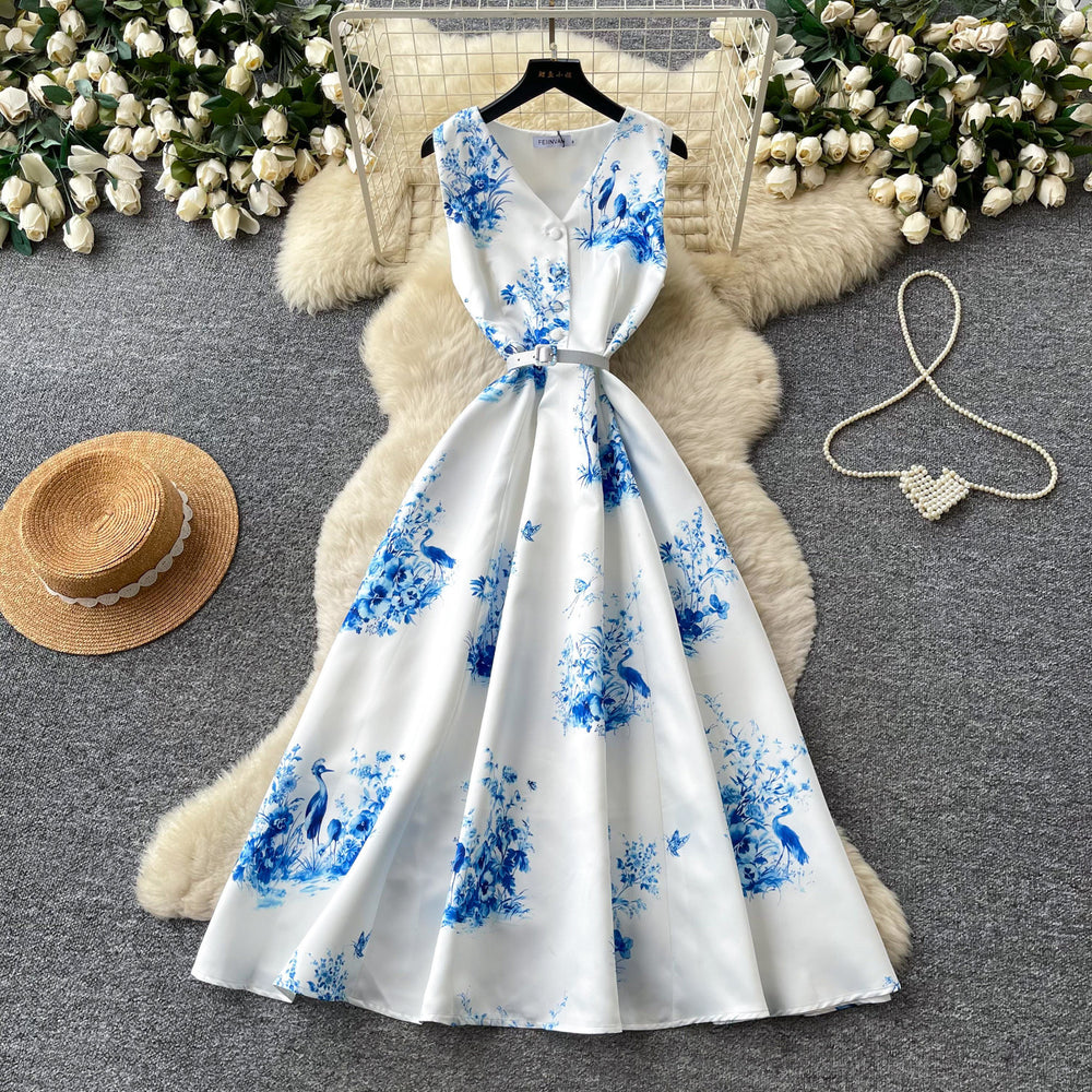 Blue and white porcelain style sleeveless floral print dress - women's summer v-neck, slimming, elegant maxi dress for work and casual wear
