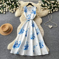 Blue and white porcelain style sleeveless floral print dress - women's summer v-neck, slimming, elegant maxi dress for work and casual wear