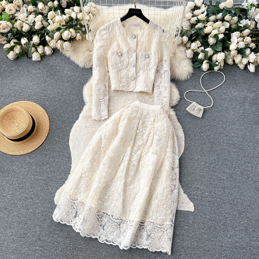 Xiaoxiangfengsuit women's short round neck puff sleeve lacetops high waist large hem skirt women's autumn two-piece set