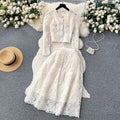 Xiaoxiangfengsuit women's short round neck puff sleeve lacetops high waist large hem skirt women's autumn two-piece set