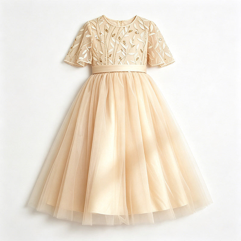 European and american style girls' formal dress, european puffy skirt, elegant and graceful children's dress, short-sleeved tulle skirt, long children's clothing