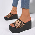 Plus size leopard print platform wedge heel one-line sandals women's casualexportthick solepetites beach shoes summer