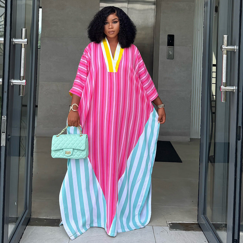 European and american cross-border african women's clothing  spring new arrival: chic and stylish v-neck striped loose long dress