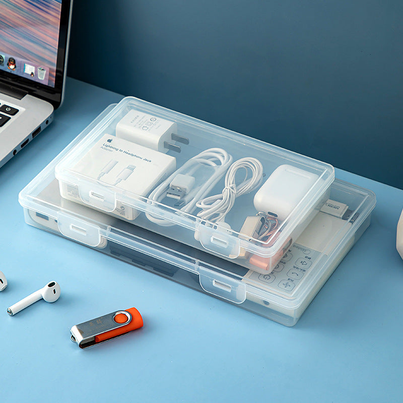 Desktop long rectangular storage box with lid grid transparent storage box flip plastic data cable storage box