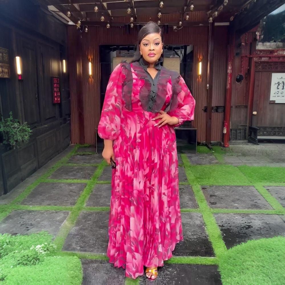 Amazon cross-border fashion: elegant long pleated skirts, plus-size african women's clothing, printed chiffon dresses