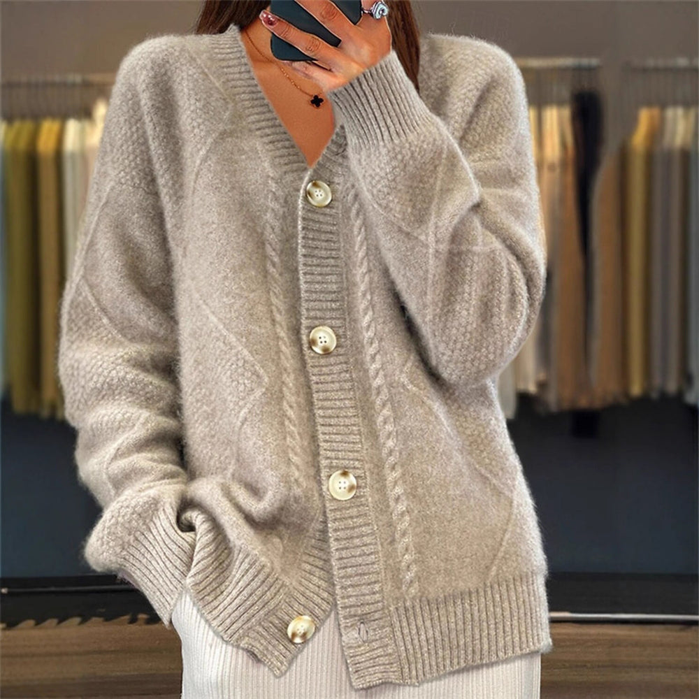 fall/winter new collection: solid color long-sleeve v-neck knit cardigan with button-down jacquard short-sleeve sweater top for women