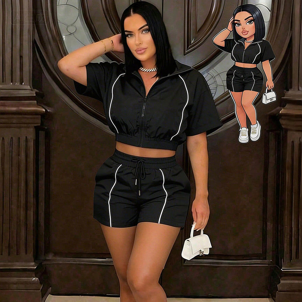 P391521 plus size women's striped two-piece set: casual activewear zip-up short sleeve top and drawstring shorts summer outfit