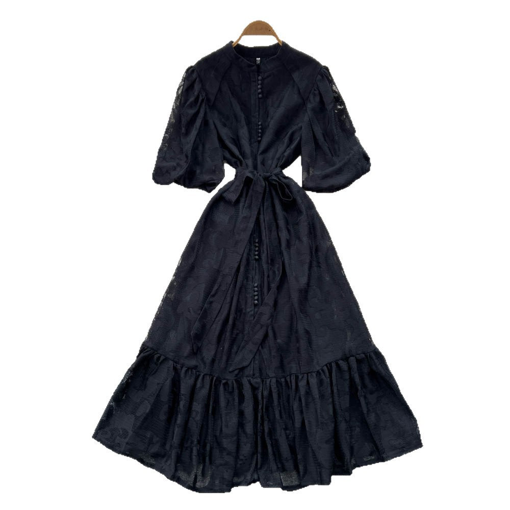 French-inspired v-neck floral chiffon dress with flared sleeves, tie waist, and a figure-flattering, vintage-inspired silhouette