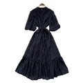 French-inspired v-neck floral chiffon dress with flared sleeves, tie waist, and a figure-flattering, vintage-inspired silhouette