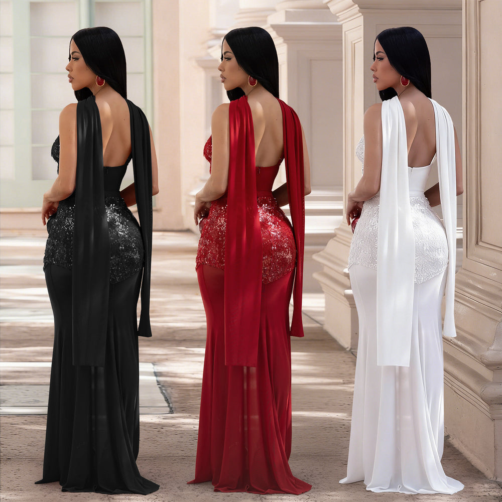 C7647 cross-border   fashion women's sexy mesh suspender v-neck sequin dress
