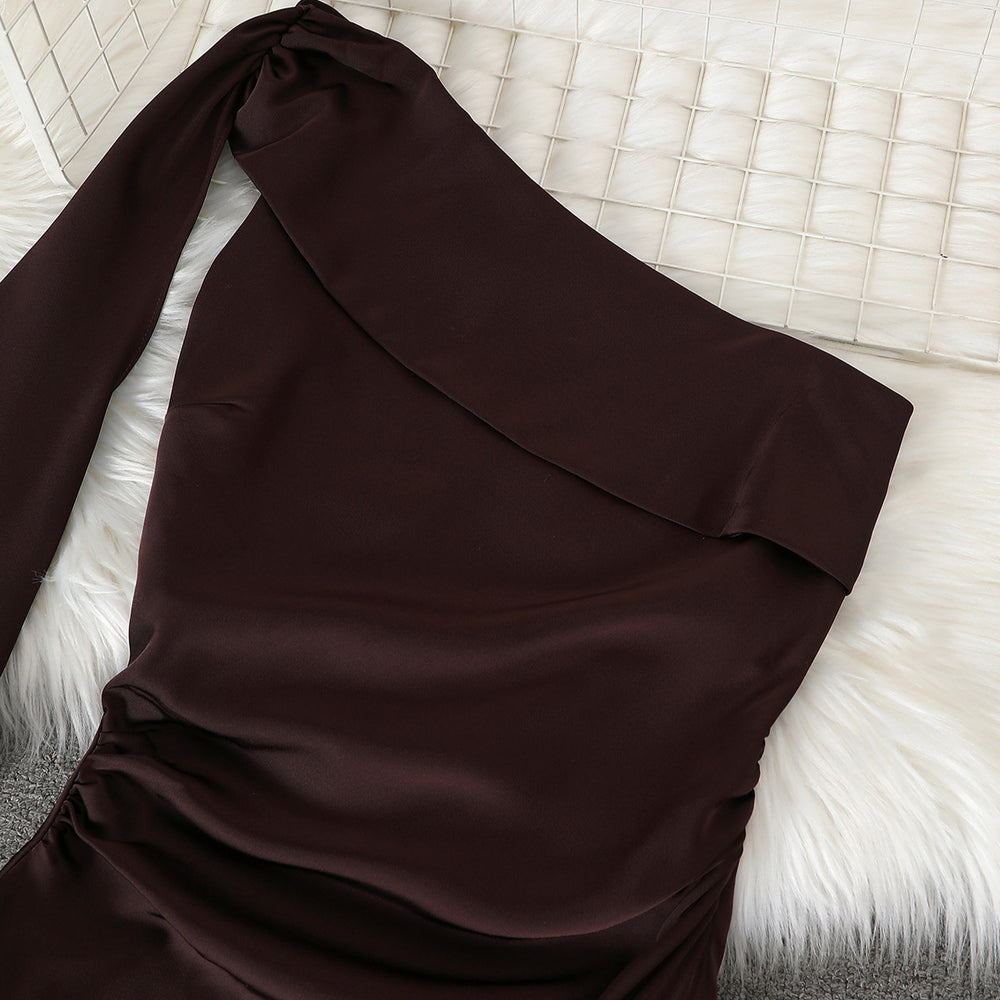 Women's sophisticated satin dress - one-shoulder, flowing ribbon, slimming waist, long formal dress