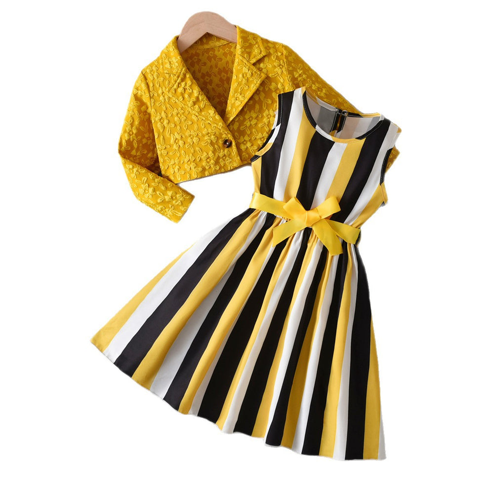 Girls' two-piece foreign trade dress set: yellow and black vertical striped sundress with jacquard cardigan and collared jacket