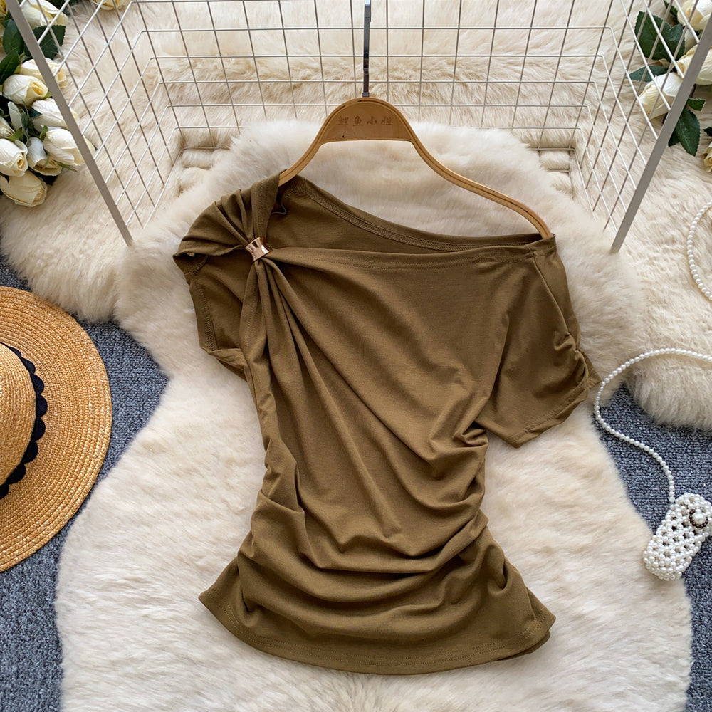Korean style commute chic off-the-shoulder t-shirt: soft, breathable, relaxed fit with a cinched waist and asymmetrical design