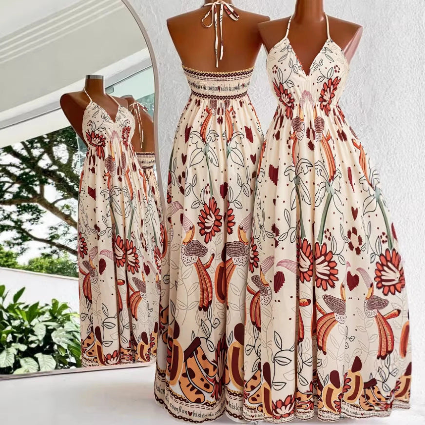 summer fashion casual european and american cross-border spaghetti strap printed v-neck slim-fit in-stock dress - elegant women's apparel