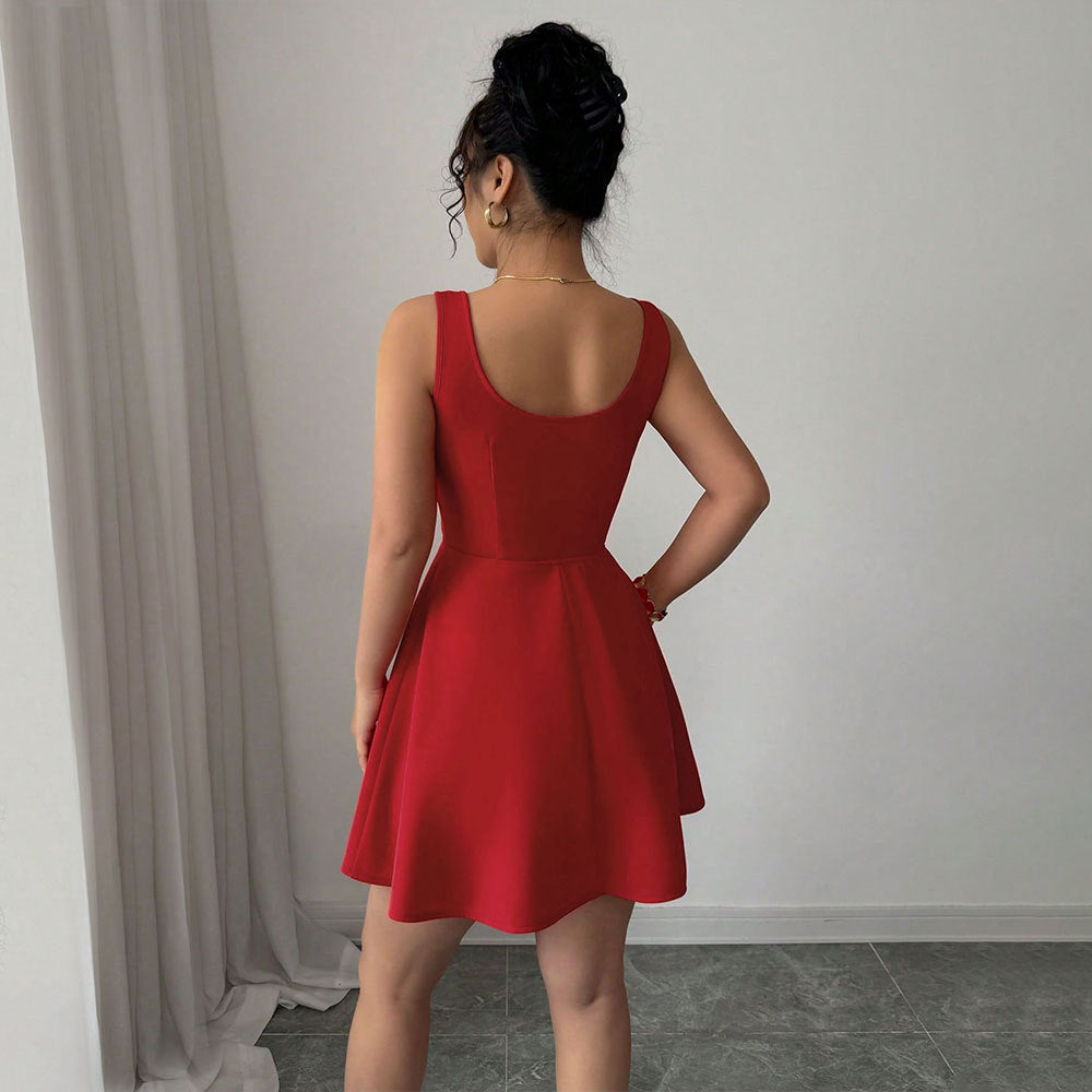 European and american export cross-border women's fashion  summer new sexy square neck red dress a-line suspender mini dress