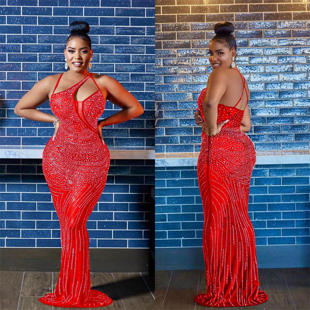 C6075 cross-border   fashion women's mesh rhinestone sleeveless v-neck maxi dress