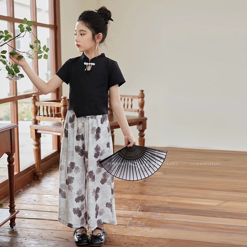 Girls' trendy chinese style wide-leg pants - fresh & chic chinese-inspired flare trousers for kids - comfortable, loose-fit, traditional chinese style pants