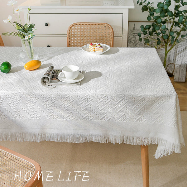 Light luxury tablecloth high-end cotton and linen coffee table dining table cloth French hotel lace long tablecloth white literary tablecloth