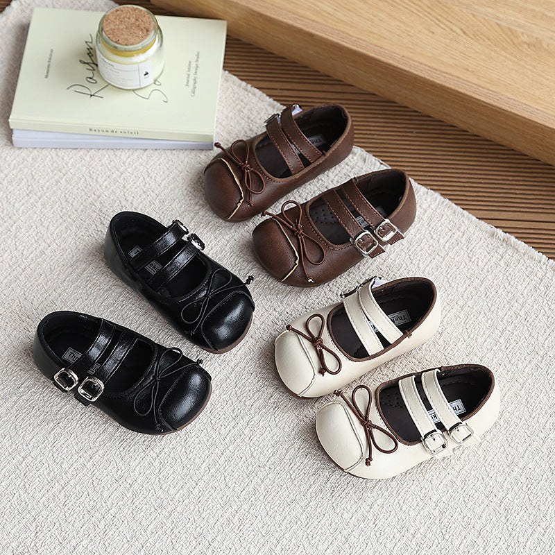 Vancahao  spring and autumn new girls' ins french style leather shoes children's bow princess shoes soft sole flats