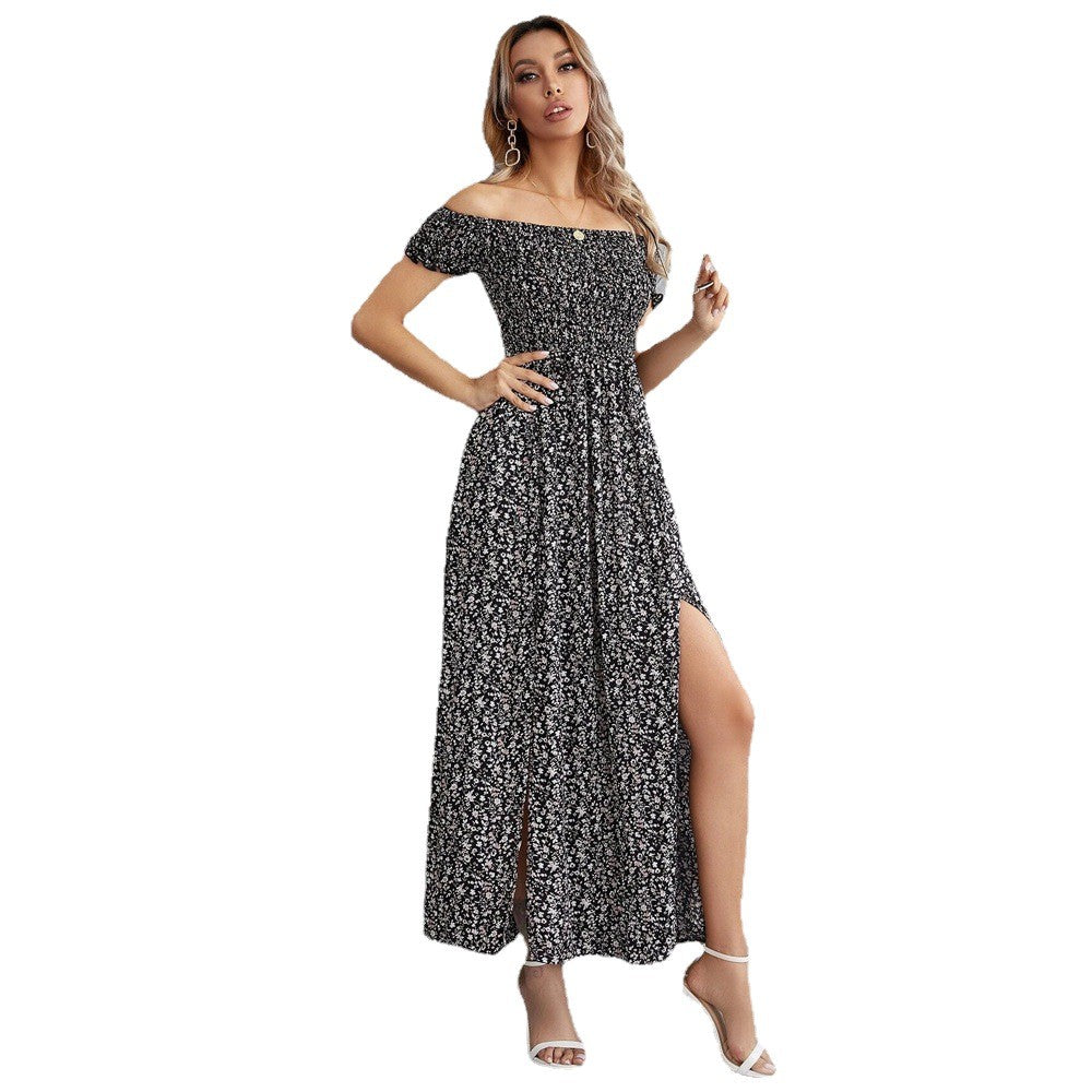 Elegant wind one-word neck dress elastic waist pullover floral long swinging tube top skirt women's fashion temperament