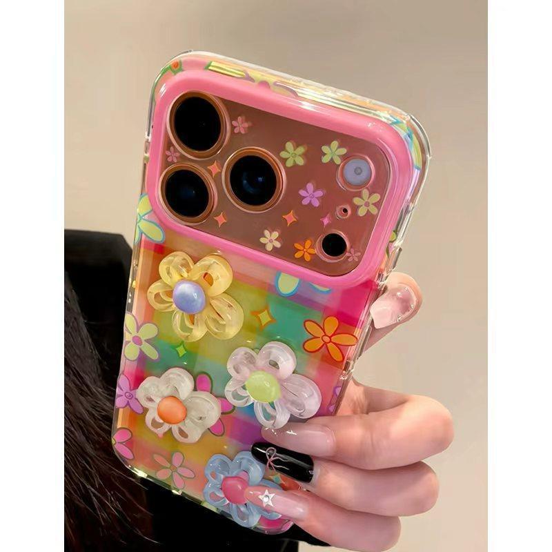 Sweet rainbow plaid 3d floral phone case for iphone 17 pro, apple 16 full coverage shockproof protective cover