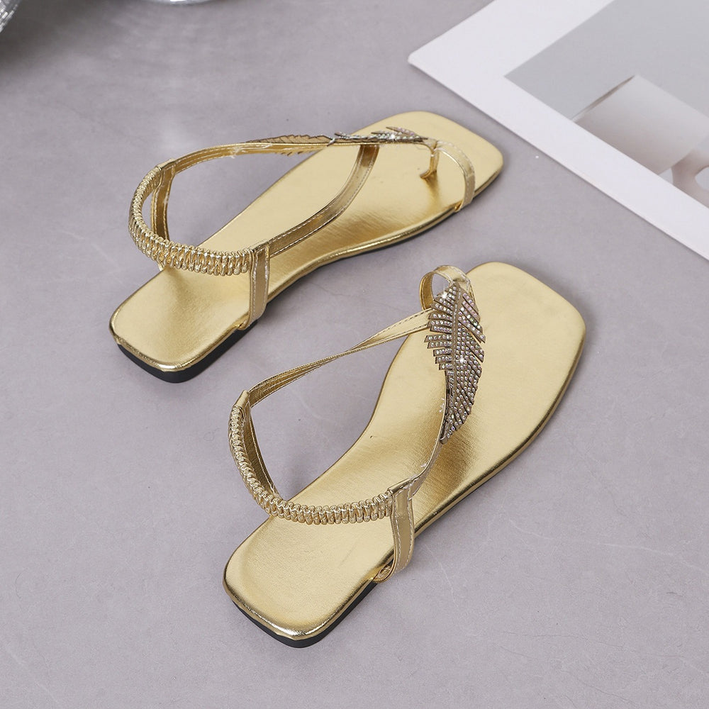 Export  summer new arrival export elastic band rhinestone elegant low heel cross-border plus size herringbone stylish women's sandals