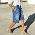 Fashionjeans women's high waist side button wide leg half length pants dark blue washed side button loosejeans