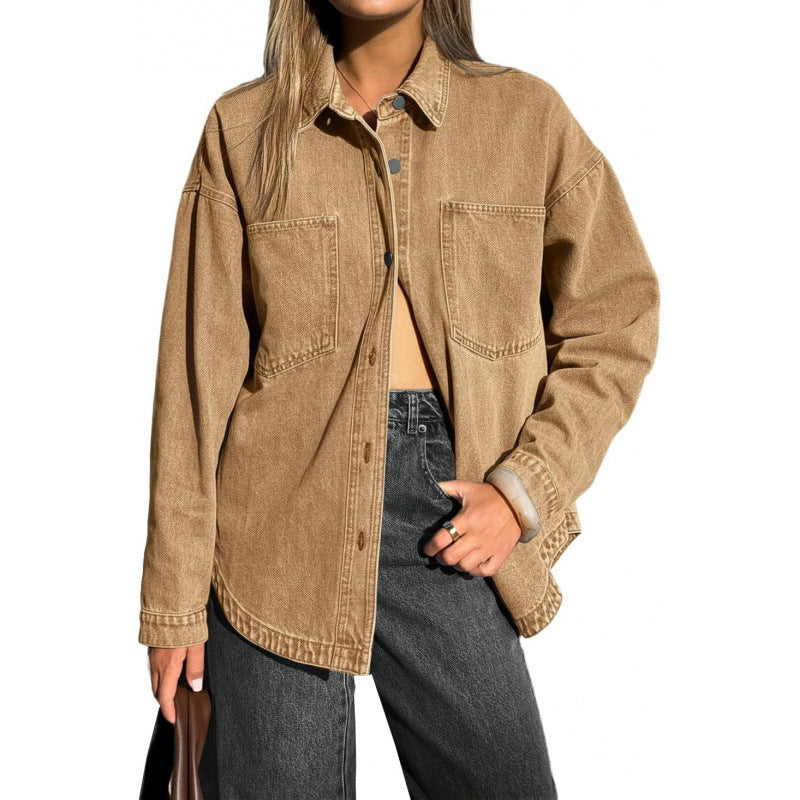 Amazon fashion elegant long sleeve button denim shirt women's  spring new style distressed denim jacket
