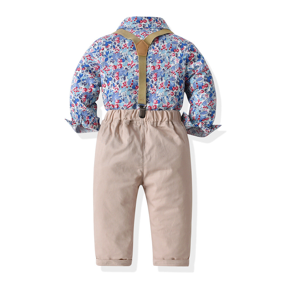 Wholesale new arrivals: children's clothing sets - boys' formal wear, long-sleeved floral shirt with bow tie, spring/summer overalls