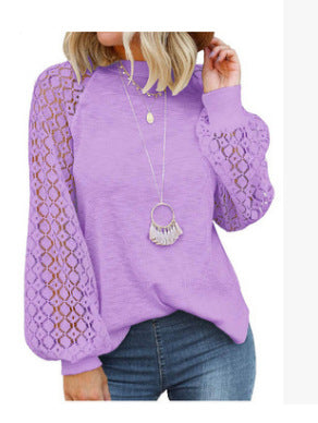 new cross-border  autumn/winter round neck long sleeve lace patchwork loose top for women