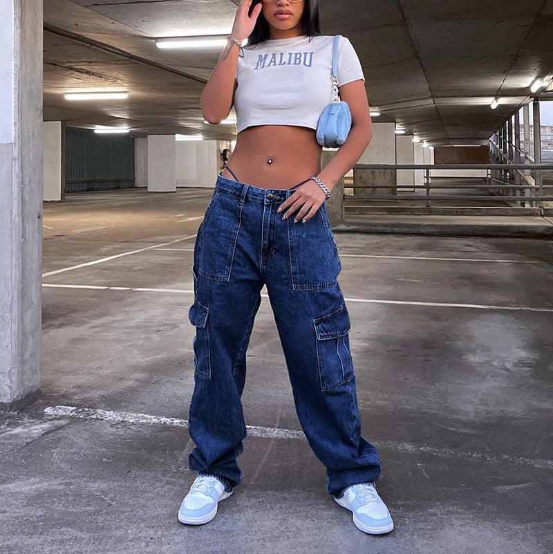 Y2k style   jeans women's new multi-pocket high-waisted elastic waistband washed cargo pants
