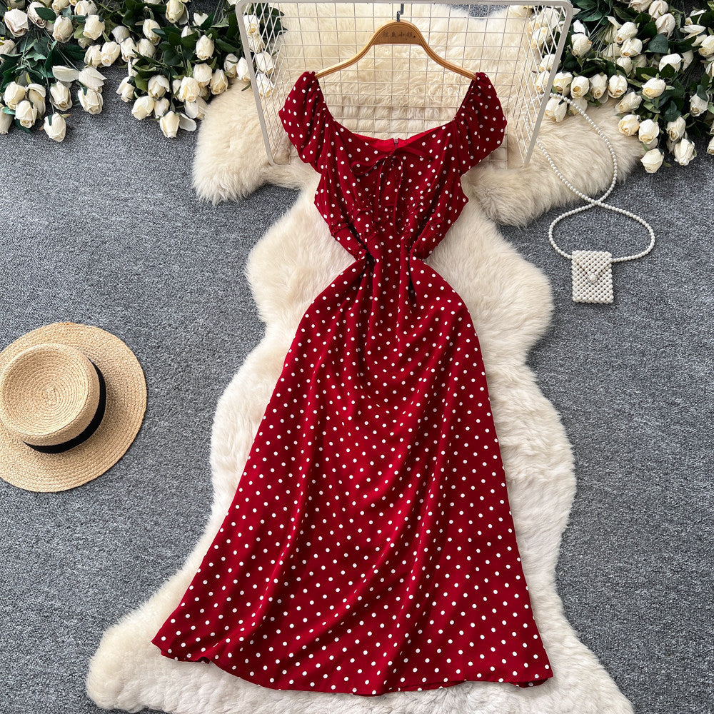 French sweet style square neck polka dot dress women's summer korean style sleeveless waist-defining elegant a-line red maxi dress