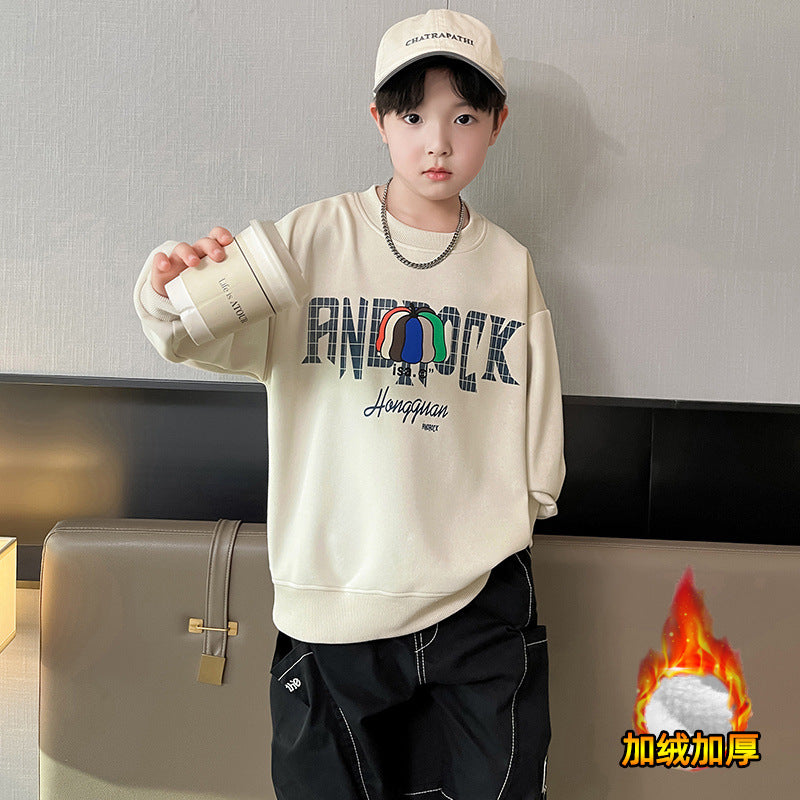 Kids'  autumn/winter fashion letter print loose fit casual fleece-lined sweatshirt - stylish and cool long sleeve for boys