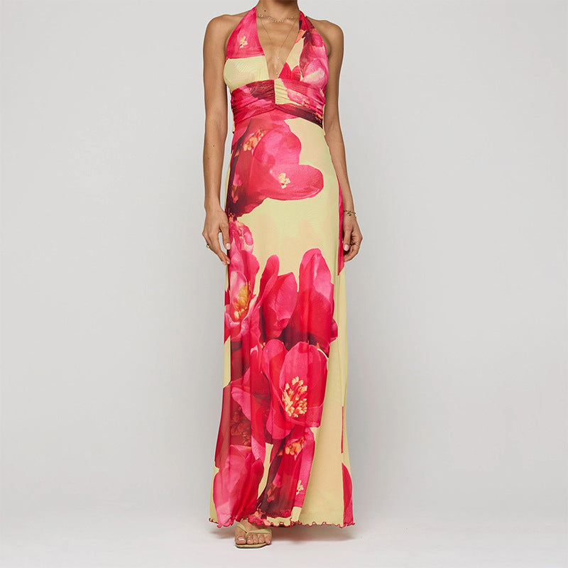 cross-border european and american women's clothing: summer dresses for women - fashionable vacation deep v halter neck printed slim-fit maxi dress