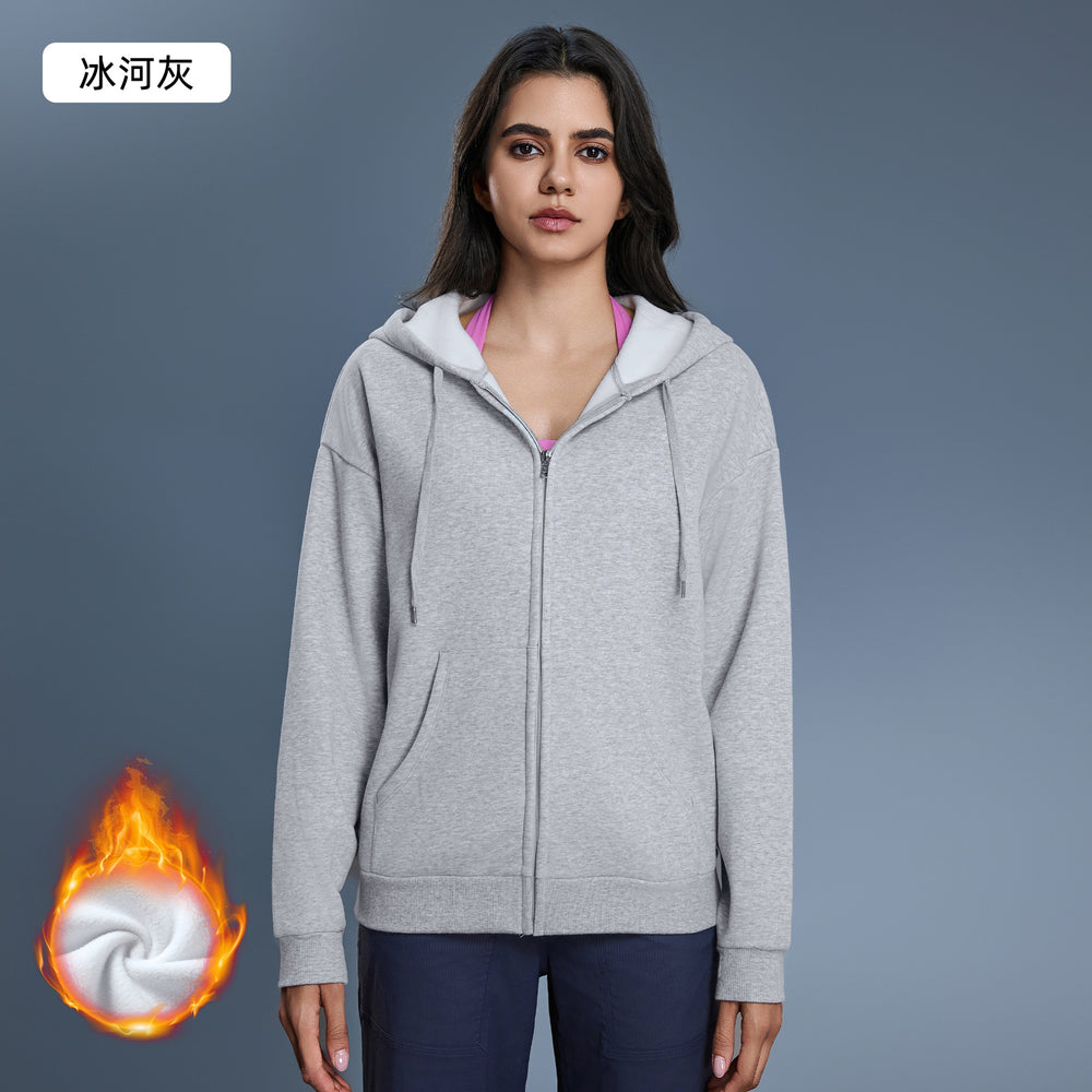 Fall and winternew arrivalfleece-lined hooded sweatshirt women's windproof heattechlooseslimming lookcasual zipper cardiganoutweard25155
