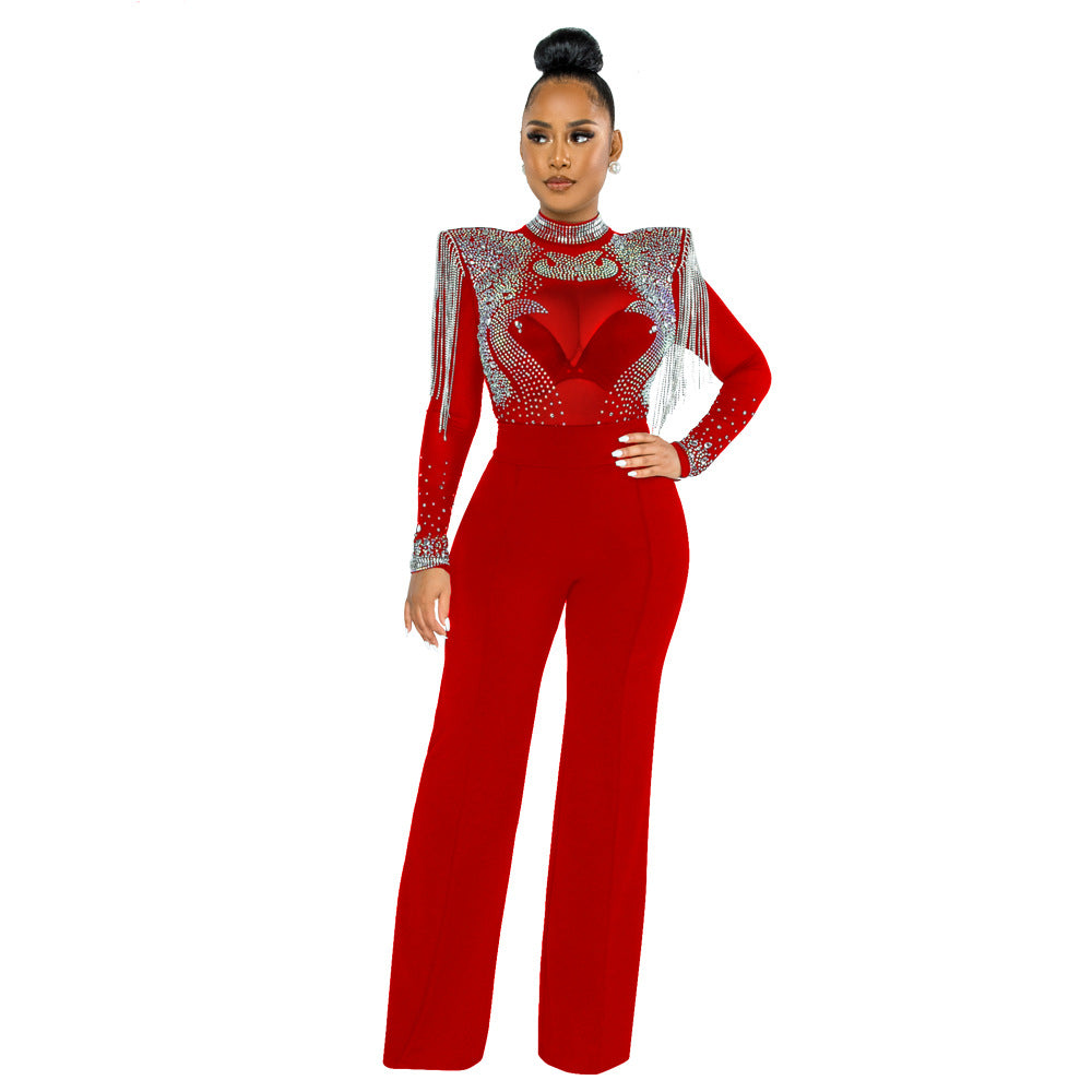 CY9232B Europe, America, , fashionable and sexy casual slim-fitting turtleneck perspective hot diamond fringed jumpsuit women