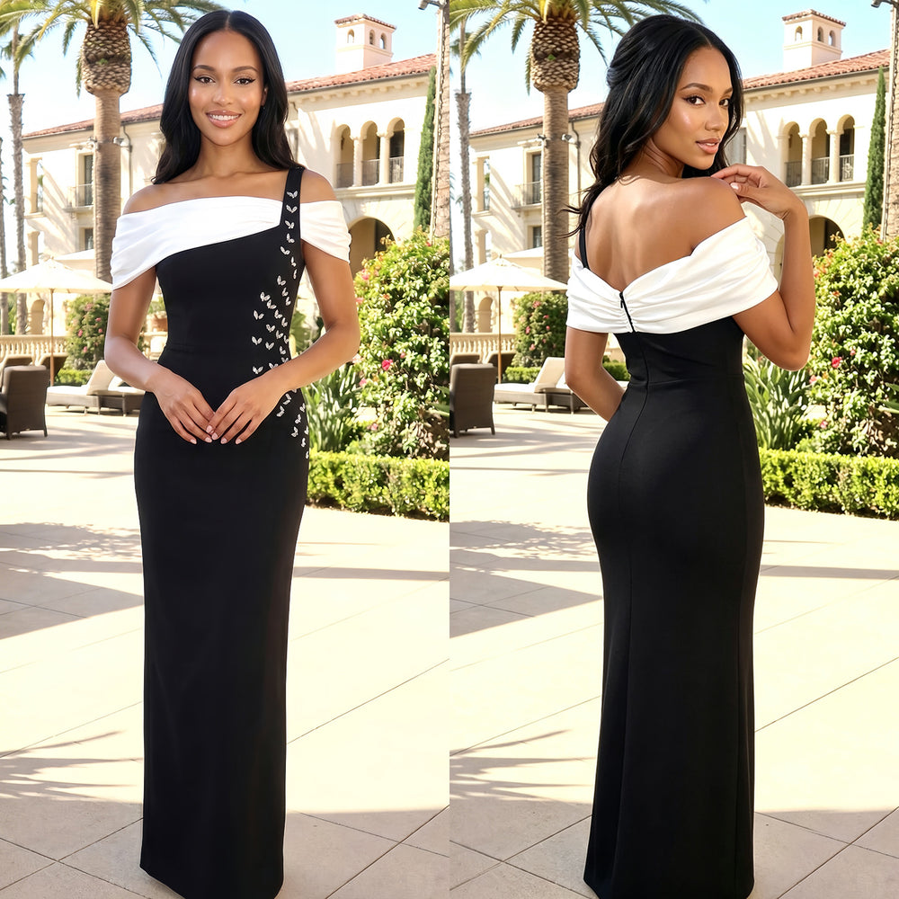 C7783 cross-border  new one-shoulder evening gown mermaid long party dress light luxury hotfix rhinestone bodycon dress