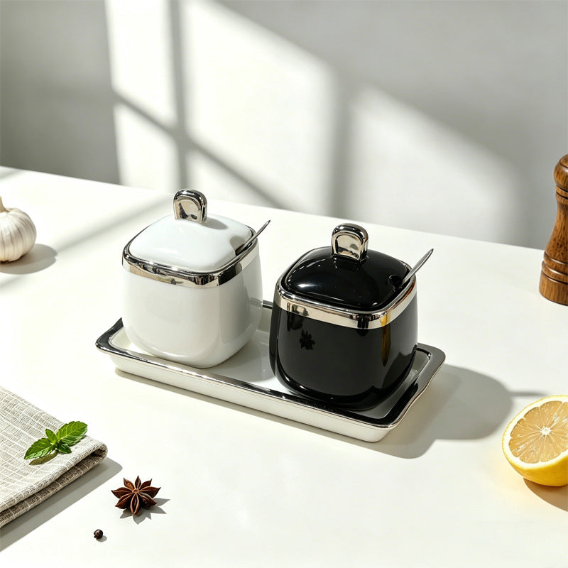 New ceramic seasoning jar set - complete home spice rack, salt & sugar bowl set with spoons - wholesale kitchen utensils