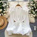 European and american fashion v-neck ruffle trim long sleeve blouse - women's  autumn high-end slim fit ruffle hem top