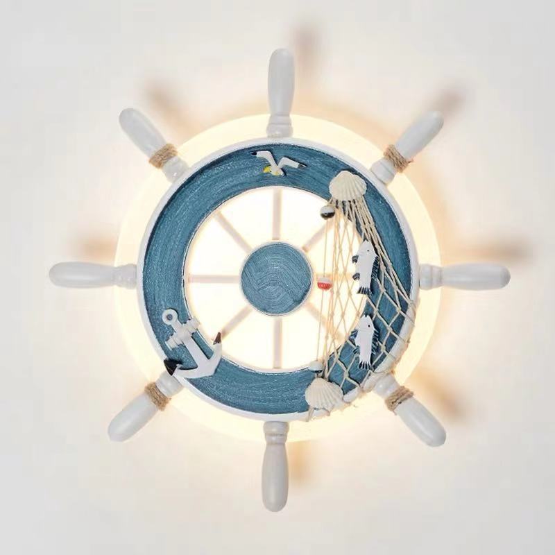 Mediterranean style wall lamp - ship's wheel design - solid wood - bedroom, living room, creative kids' room, stairway, hallway, balcony, bedside lighting