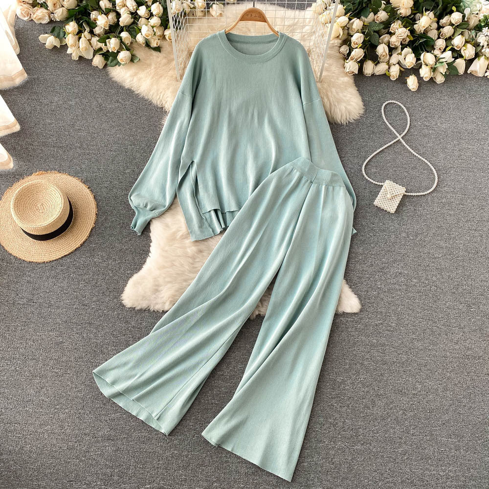 Hong kong style relaxed fit casual set - women's autumn design, slimming irregular top & wide leg pants two-piece outfit