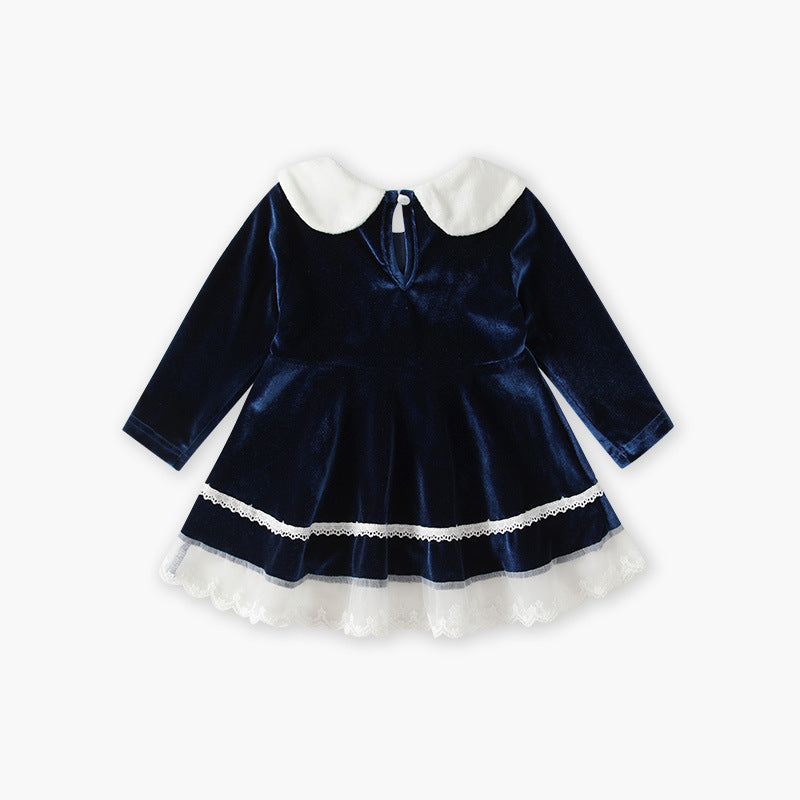 Baby girl dress autumn winter new girls' navy style peter pan collar embroidered princess dress first birthday party dress