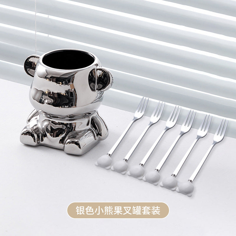 Ceramic bear stainless steel fruit fork set - stylish fruit picks, home use, light luxury forks and spoons, wholesale fruit forks